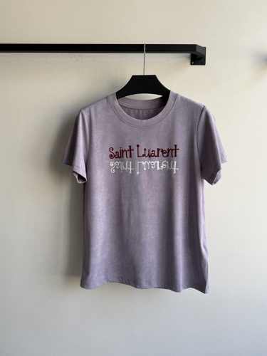 シンプル ロゴ クルーネック 半袖Tシャツ イヴ・サンローラン Tシャツ コピー パープル