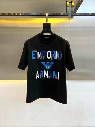 カジュアル コットン 半袖Tシャツ アルマーニ Tシャツ コピー クルーネック ブラック