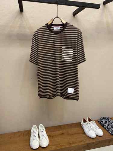 カジュアル ストライプ コットン 半袖Tシャツ トムブラウン Tシャツ スーパーコピー クルーネック