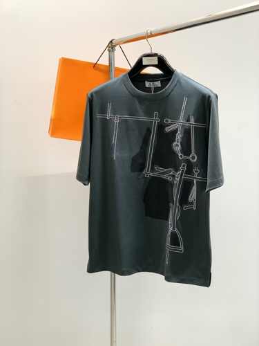 おしゃれ カジュアル エルメス Tシャツ コピー コットン 半袖Tシャツ ダークグリーン