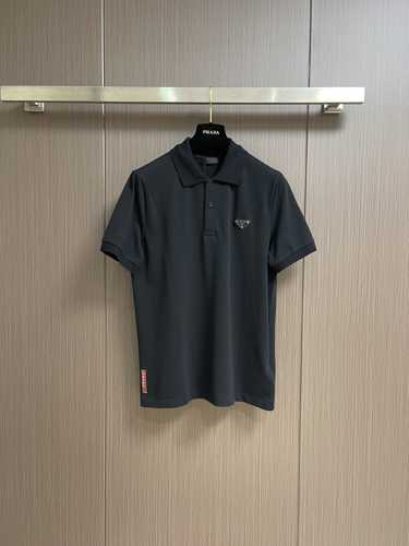 シンプル 洗練された コットンピケ ポロシャツ プラダ Tシャツ コピー ブラック