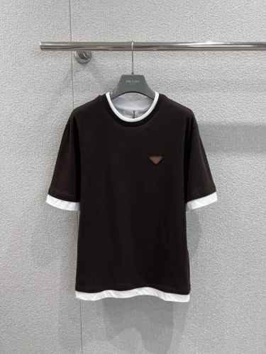 おしゃれ レイヤード風 クルーネック 半袖Tシャツ プラダ Tシャツ コピー ユニセックス ダークブラウン