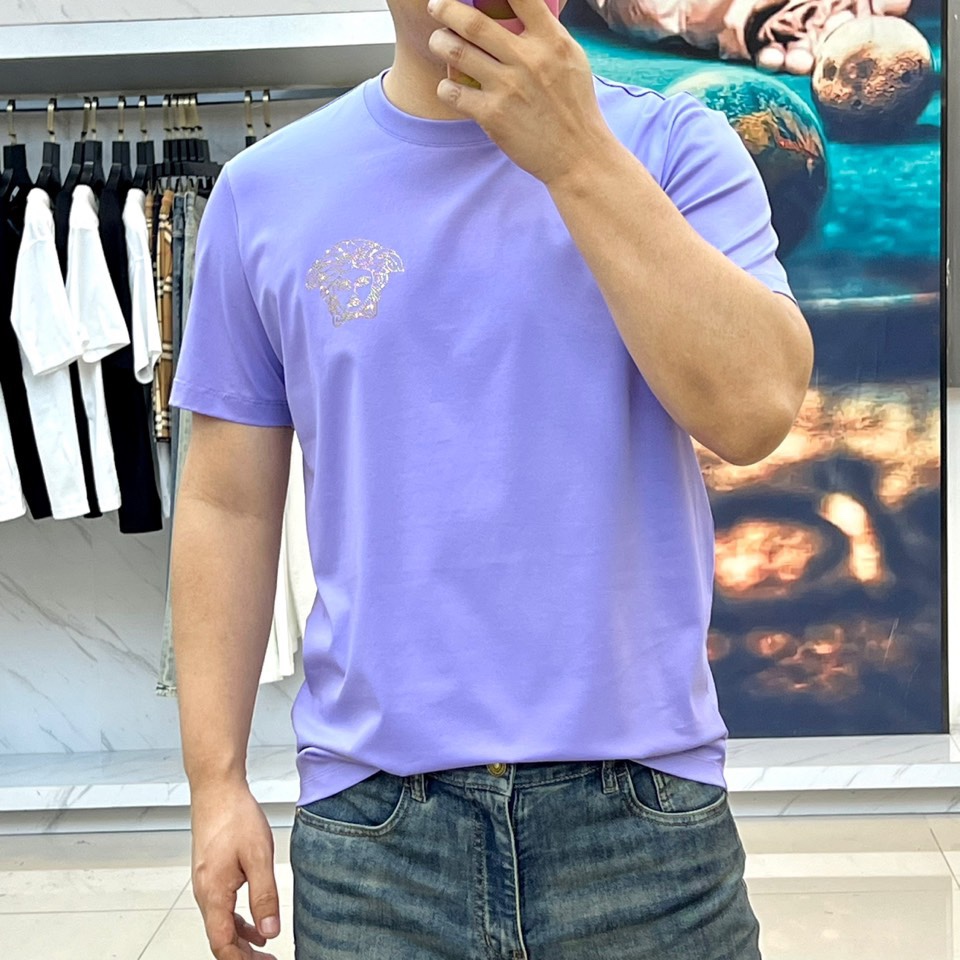 シンプル おしゃれ 半袖Tシャツ ヴェルサーチェ Tシャツ コピー クルーネック パープル