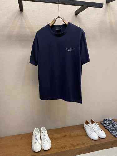 洗練された ロゴ刺繍 クルーネック アルマーニ Tシャツ 偽物 コットン ネイビー