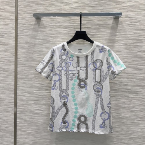 目を引く プリント 半袖Tシャツ エルメス Tシャツ コピー コットン ホワイト