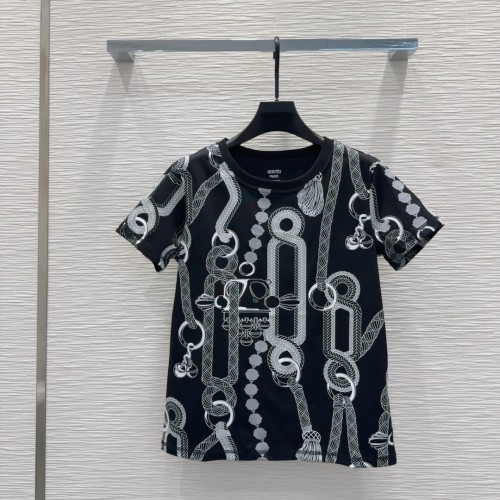 目を引く プリント 半袖Tシャツ エルメス Tシャツ コピー コットン ブラック