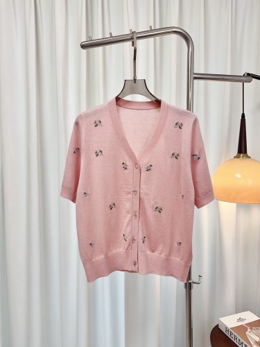 刺繍入り Vネック 半袖カーディガン プラダ ニット 偽物 レディース ピンク
