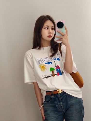 可愛い プリント ルーズTシャツ セリーヌ Tシャツ コピー コットン ホワイト