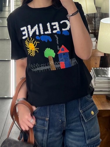 可愛い プリント ルーズTシャツ セリーヌ Tシャツ コピー コットン ブラック
