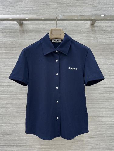 【MIUMIU】ミュウミュウ コットンピケ ポロシャツ ネイビー ☆関税込み☆【MIU MIU】ロゴ入り コットンピケ ポロシャツ