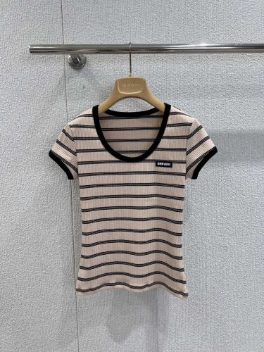 ミュウミュウ ニット コピー ストライプ カジュアル Uネック 半袖ニット 