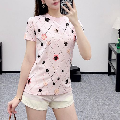 シャネル Tシャツ コピー カジュアル プリント 総柄 半袖Tシャツ コットン ピンク