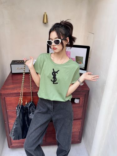 洗練された カジュアル YSLロゴ 半袖Tシャツ イヴ・サンローラン Tシャツ コピー グリーン