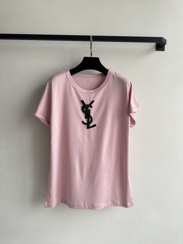 イヴ・サンローラン Tシャツ コピー 洗練された カジュアル YSLロゴ 半袖Tシャツ ピンク