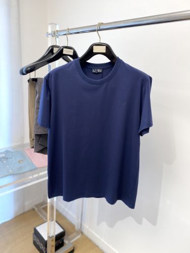 カジュアル 上品 アルマーニ Tシャツ 偽物 クルーネック 半袖Tシャツ ブルー