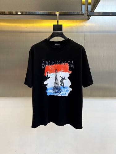 カジュアル プリント バレンシアガ Tシャツ 偽物 クルーネック 半袖トップス ブラック