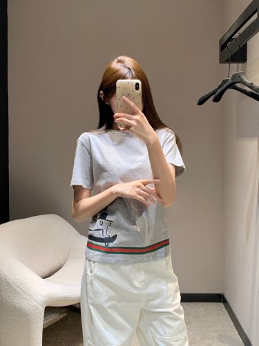 カジュアル プリント グッチ Tシャツ コピー クルーネック トップス グレー