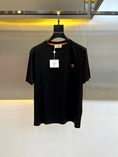 シンプル ロゴ刺繍 クルーネック 半袖Tシャツ エルメス Tシャツ 偽物 ブラック