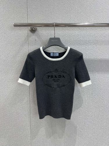 カジュアル おしゃれ ロゴ刺繍 プラダ ニット 偽物 半袖トップス ダークグレー