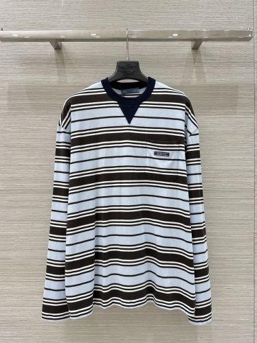 ストライプ コットン 長袖Tシャツ プラダ Tシャツ 偽物 オーバーサイズ