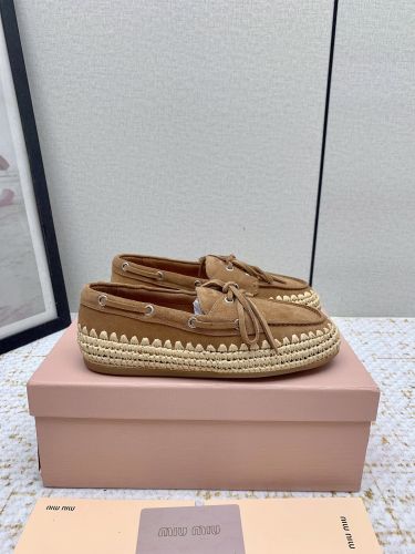スエードxラフィア デッキシューズ ミュウミュウ シューズ コピー ブラウン