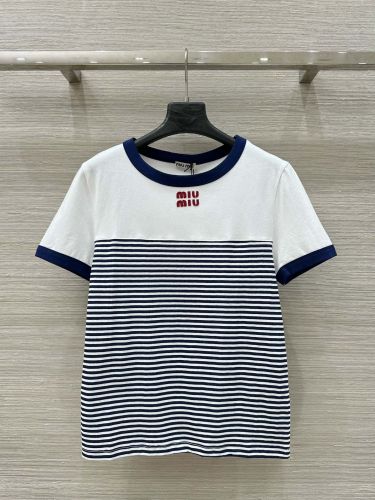 スタイリッシュ クルーネック 半袖Tシャツ ミュウミュウ Tシャツ コピー ネイビー