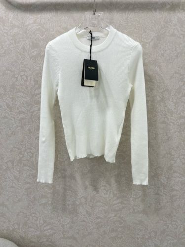 シンプル クルーネック リブニット フェンディ セーター 偽物 ウール ホワイト