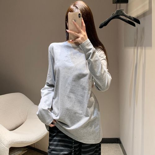 シンプル コットン 長袖Tシャツ セリーヌ Tシャツ コピー クルーネック グレー