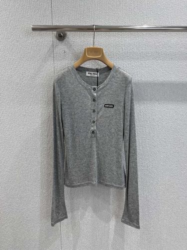 お洒落 シンプル ハーフボタン 長袖Tシャツ ミュウミュウ Tシャツ コピー グレー