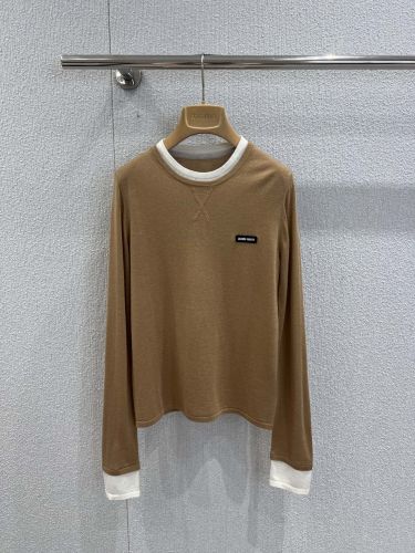 カジュアル 重ね着風 長袖Tシャツ ミュウミュウ Tシャツ コピー キャメル