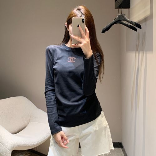 シンプル クルーネック コットン 長袖Tシャツ シャネル Tシャツ コピー ブラック