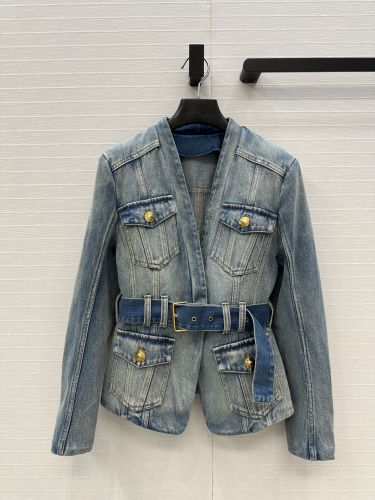 おしゃれ Vネック デニムジャケット バルマン ジャケット コピー ベルト付き