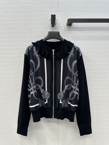 フリル襟 プリント ジップアップ ニットカーディガン エルメス ニット コピー ブラック