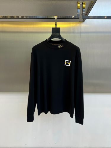 シンプル ロゴ刺繍 コットン 長袖Tシャツ フェンディ Tシャツ 偽物 トップス ブラック