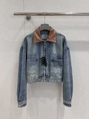 上品 カジュアル プラダ ジャケット 偽物 レザー襟 クロップド デニムジャケット 