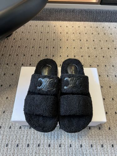 セリーヌ サンダル スーパーコピー もこもこ 秋冬 ファーサンダル ブラック