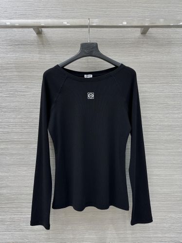 アナグラム刺繍 リブジャージー 長袖Tシャツ ロエベ Tシャツ コピー ブラック