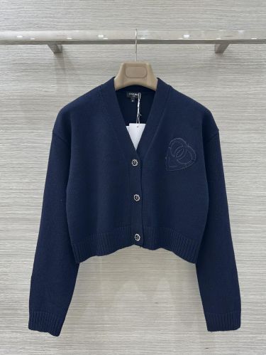 可愛い ウール Vネック カーディガン シャネル ニット コピー ショート丈 ネイビー