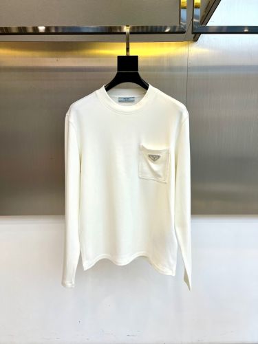 トライアングルロゴ ポケット付 長袖Tシャツ プラダ Tシャツ 偽物 コットン ホワイト