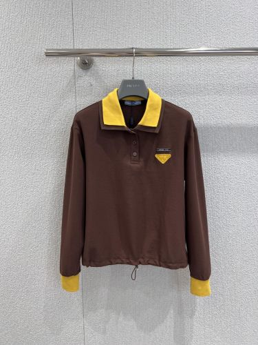 上品 カジュアル 配色 プラダ Tシャツ 偽物 長袖ポロシャツ ブラウン