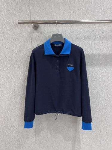 上品 カジュアル 配色 プラダ Tシャツ 偽物 長袖ポロシャツ ネイビー