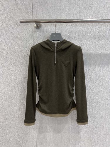 フェンミン カジュアル ハーフジップ トップス プラダ Tシャツ 偽物 グリーン