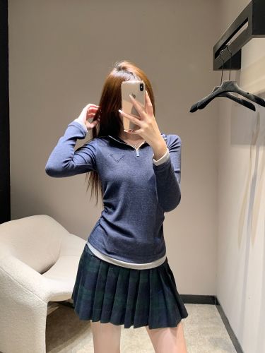 フェンミン カジュアル ハーフジップ トップス プラダ Tシャツ 偽物 ネイビー