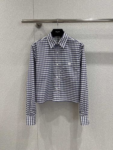 チェック柄 長袖シャツ コットン クロップド セリーヌ シャツ 偽物 トップス