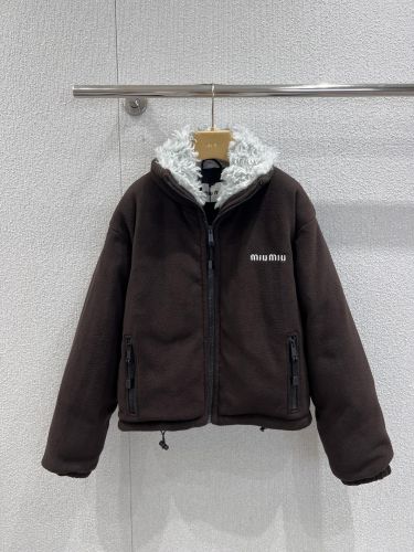 カジュアル ダウン入りフリースジャケット ミュウミュウ ダウンジャケット 偽物 ダークブラウン