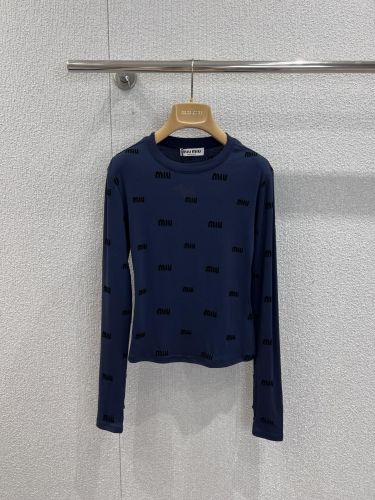 MIU MIU ロゴ総柄 ロングスリーブトップス ミュウミュウ Tシャツ 偽物 ブルー
