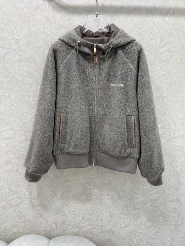カジュアル ウールブレンド ジップアップ ミュウミュウ ジャケット 偽物 グレー