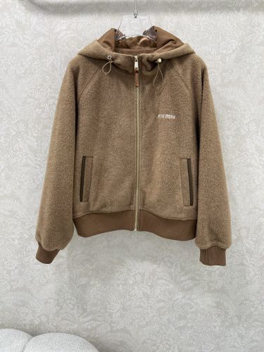 カジュアル ウールブレンド ジップアップ ミュウミュウ ジャケット 偽物 ブラウン