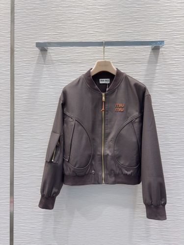 MIU MIUロゴ入り ボンバージャケット ミュウミュウ ジャケット 偽物 ダークブラウン