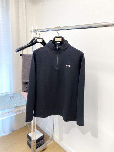シンプル 洗練された 胸ロゴ ハーフジップ 長袖Tシャツ ヒューゴ・ボス Tシャツ 偽物 ブラック
